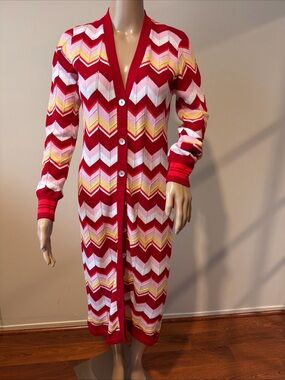 Minnie Rose Chevron Knit Long Cardigan - Red, Pink & Yellow Size XS